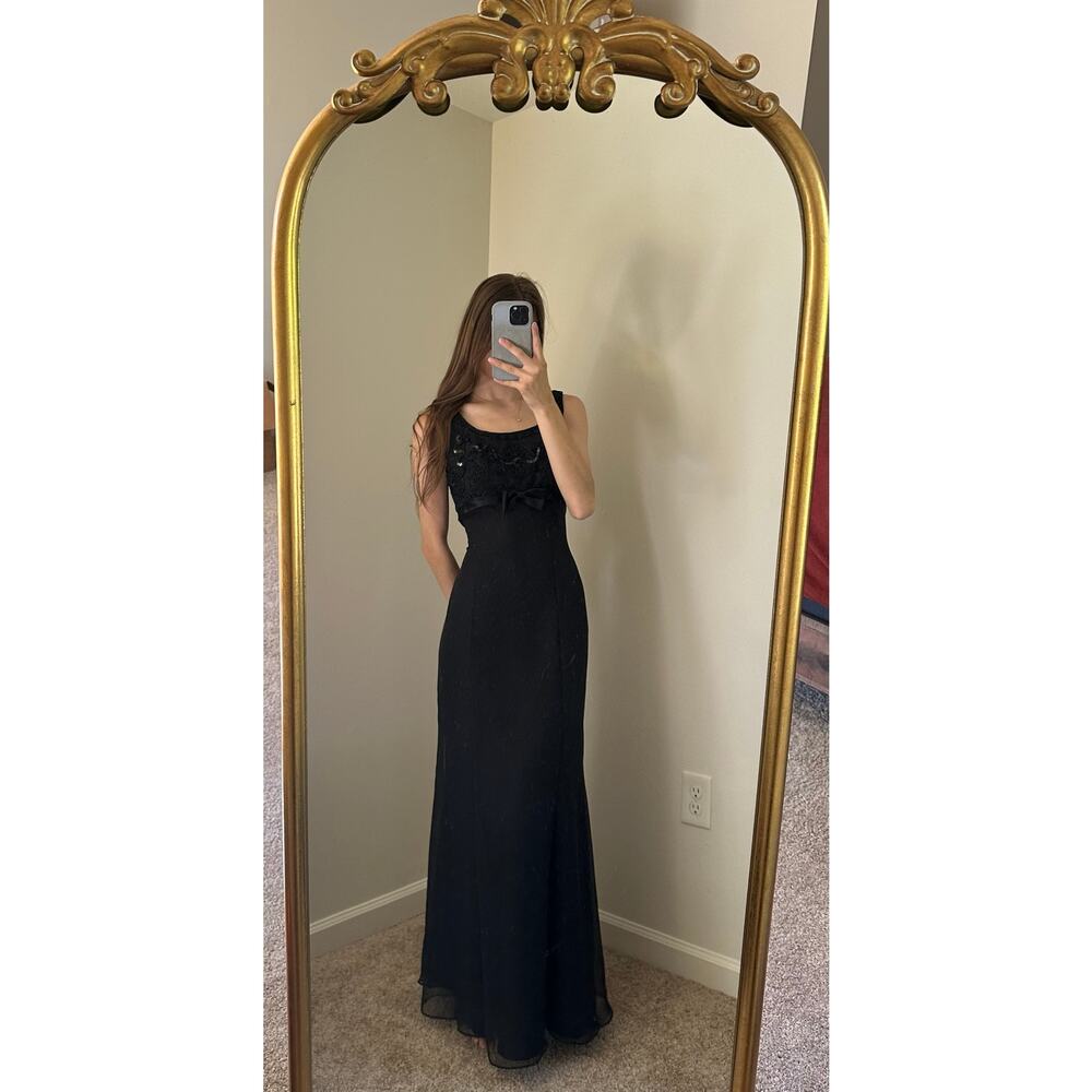Vintage Y2K 90s De Laru Linda Bernell Black Lace Sequin Bow Long Dress